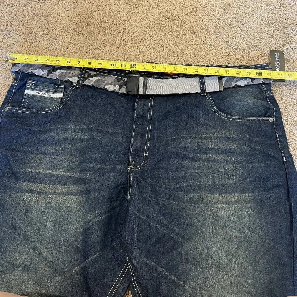 Ecko Unltd Jean Shorts Men's 759 Relaxed Fit Camo Belted Denim Dark Indigo Q965 - Picture 6 of 8